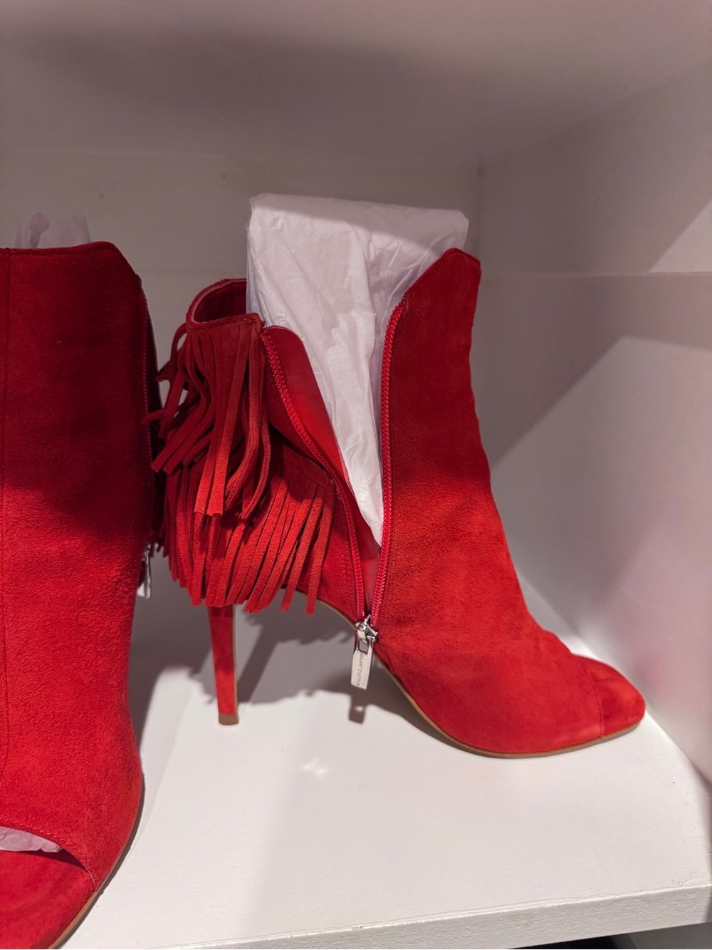 Vince Camuto Red Suede Fringe Peep-Toe Ankle Boots - Women - Picture 5 of 7